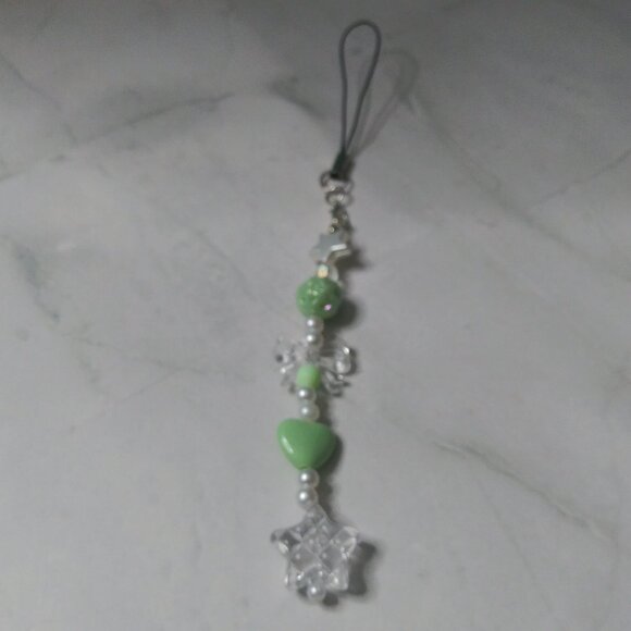 Mint Green Heart & Star Beaded Phone Charm | Kawaii Bag Accessory - Picture 1 of 8